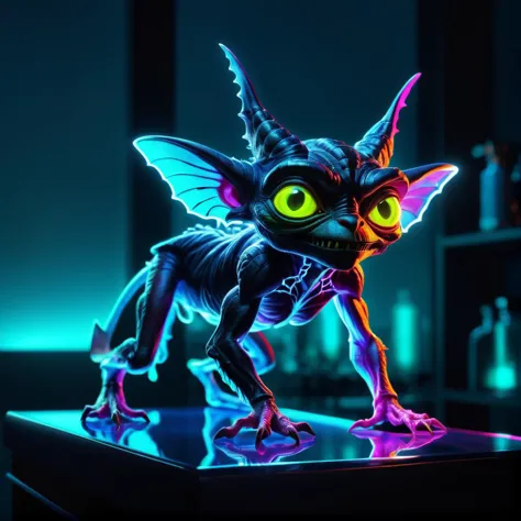 Gremlin au néon sur une table en verre, bioluminescent, Coloré, briller, appétissant, professionnel, culinaire, haute résolution, Commercial, très détaillé