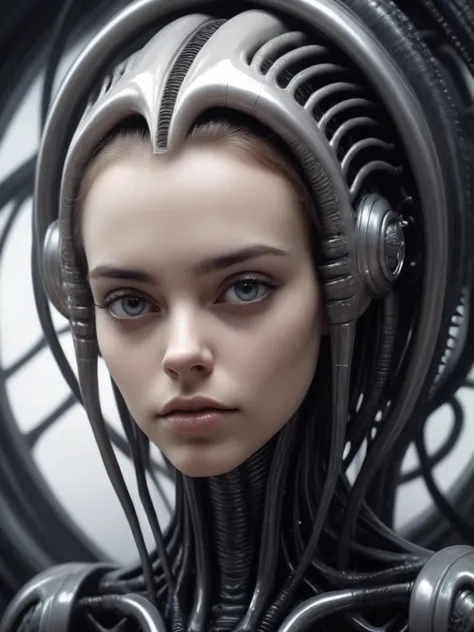 ((( von H. R. Giger style, und im Stil von Filip Hodas))), Meisterwerk, (Porträt einer jungen Frau), Super detailliert, elegant, Akzentbeleuchtung, ultra detailliertes niedliches Gesicht ,