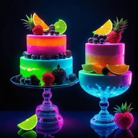 neon cakes,cocktails, fruit on a glass table, bioluminescent, colorful, glow, Appetizing, professional, culinary, high-resolution, commercial, highly detailed