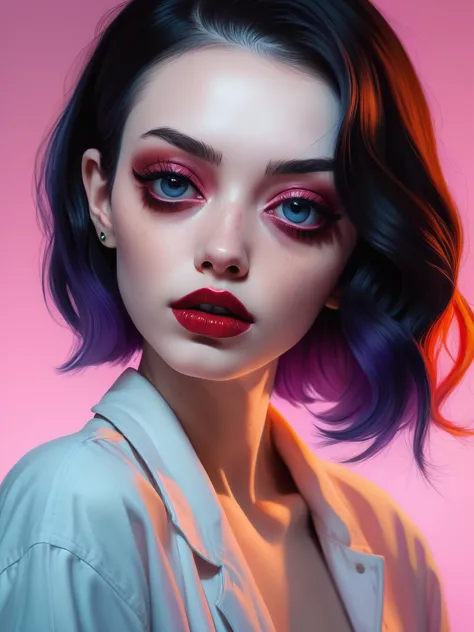 esta é uma foto profissional de uma jovem em estilos coloridos ( por Doc Hammer e por Harumi Hironaka), obra de arte, (foto de retrato jovem), super detalhado, elegante, Iluminação de destaque, rosto fofo ultra detalhado , CRU, HDR, Texturas 8k, detalhe extremo, (textura de pele altamente detalhada),  alta nitidez.