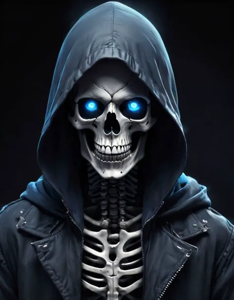 a skeleton with blue eyes and a hooded jacket, dark backgroud, antasy character, face photo, the shrike, dark photo, the head of...