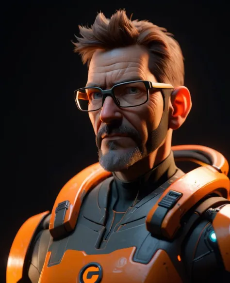 3天 rendered character portrait of gordon freeman, 3天, 辛烷渲染, 景深, 虛幻引擎5, 概念藝術, 鮮豔的色彩, 輝光, 趨勢於 (藝術站:1.6), 超高細節, 超現實, 電影燈光, 專注的, 8 k  虛幻引擎5, 光效, 華麗的