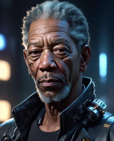 un portrait très détaillé d&#39;un cyberpunk Morgan Freeman, (biotechnologies:1.1), (Machine:1.1), Photoréaliste, très détaillé avec un style cyberpunk, Moteur irréel, pommettes définies, éclairage cinématographique dramatique éclairage cinématographique, Station artistique, société cg, art conceptuel, POINTU, détails, hyperdétaillé