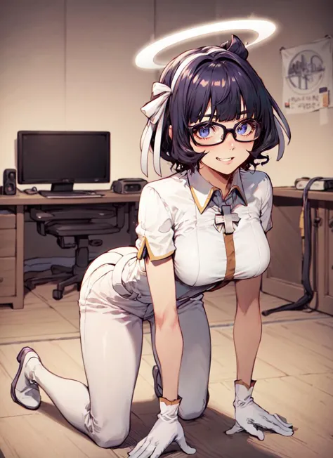 anime girl kneeling on the floor with a pair of glasses on her head