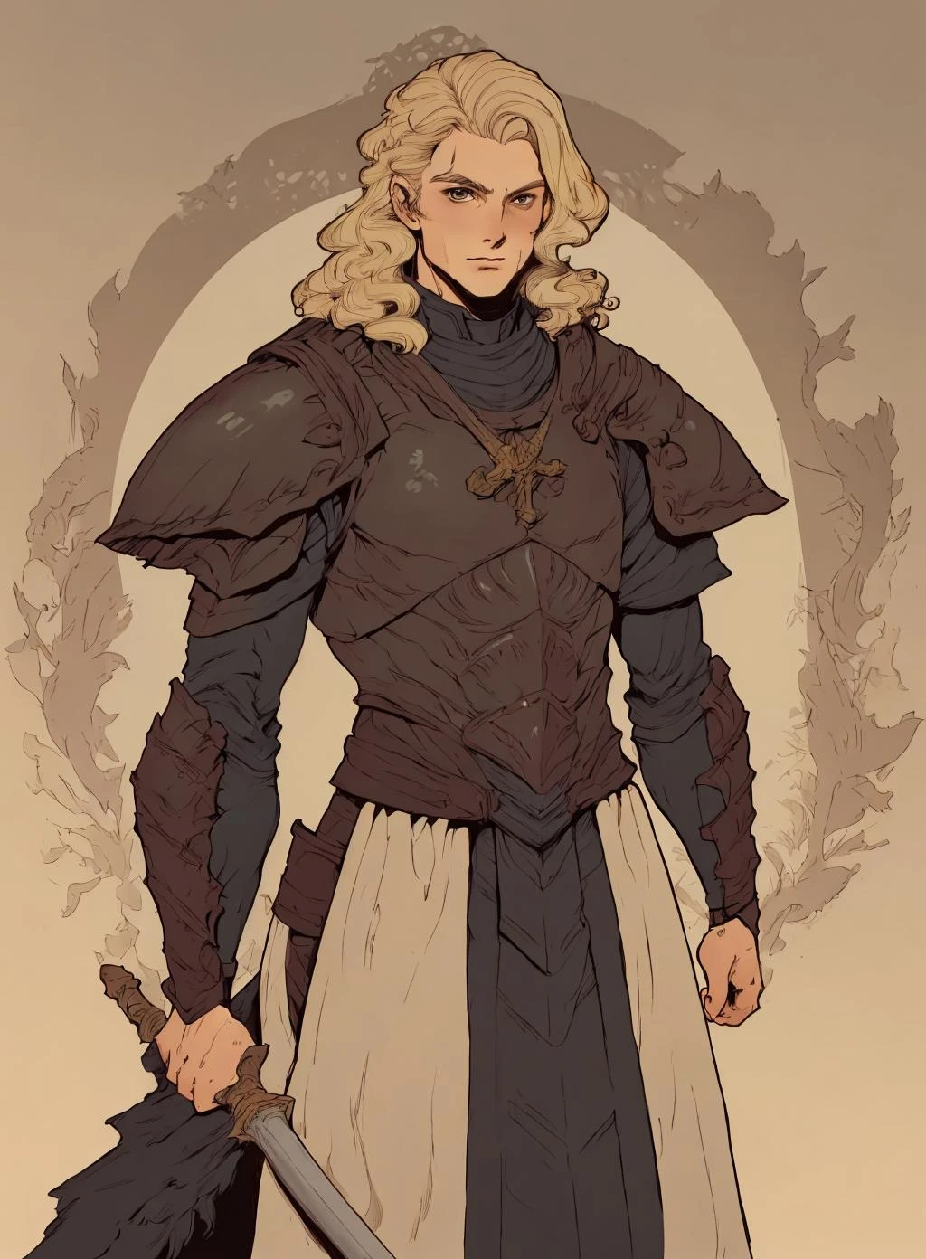 desenho de um homem,
cabelo loiro,   armaduras, guerreiro medieval,  Sozinho,
