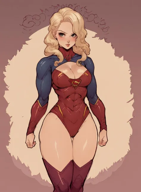 draw of a supergirl,
blonde hair,   cleavage, cute superhero suit, large breasts,  long hair,  solo,
<lora:jasmin-000004:.9>