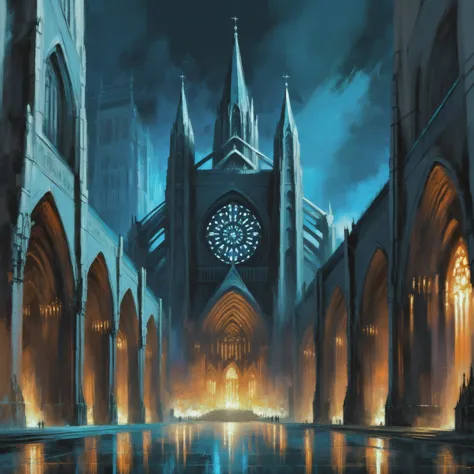 a close up of a painting of a cathedral with a clock tower