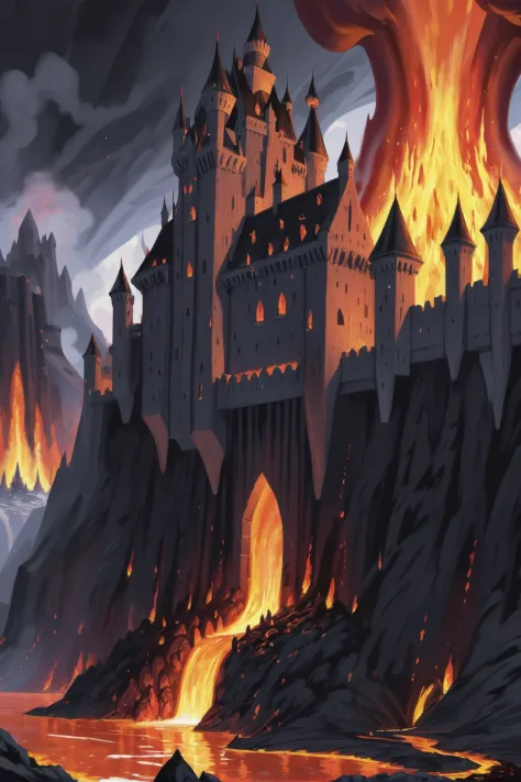 a painting of a castle on fire with a mountain in the background