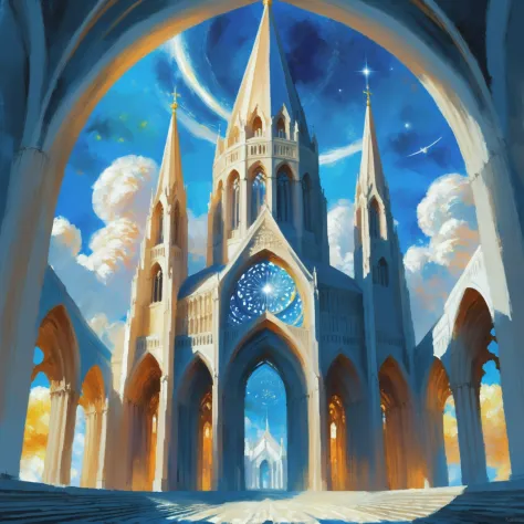 anime - style image of a church with a clock tower and a sky background