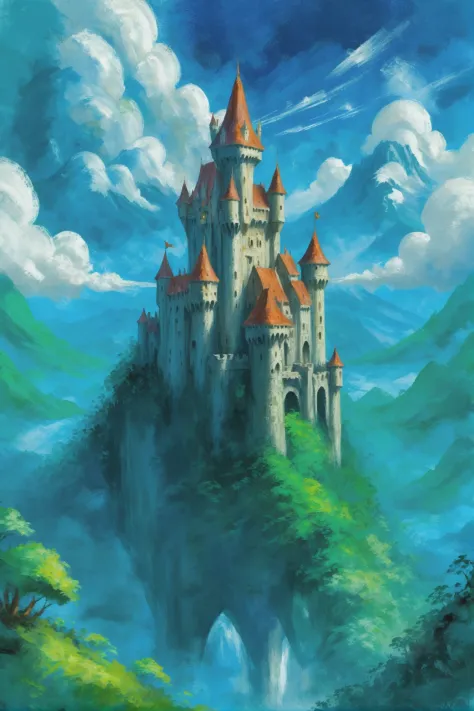 a painting of a castle on a mountain with a waterfall