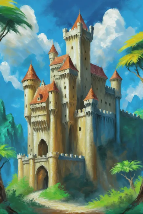 a painting of a castle with a pathway leading to it