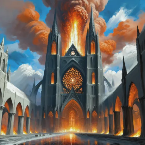 painting of a cathedral with a fire coming out of it