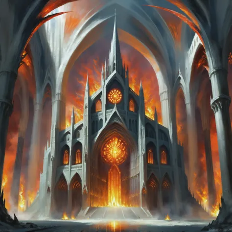 a painting of a cathedral with a fire burning inside of it