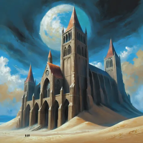 painting of a church in the desert with a full moon in the background