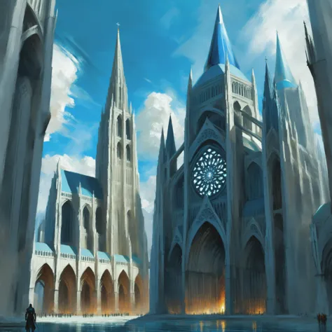 there is a painting of a cathedral with a clock tower