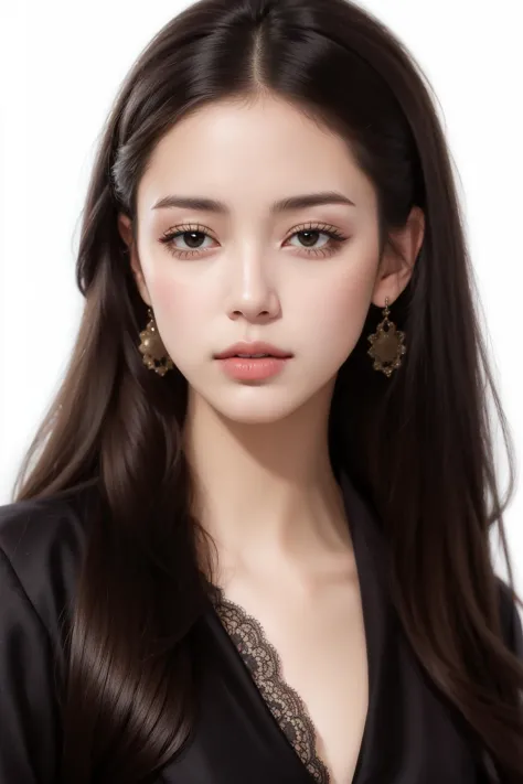 a woman with long hair wearing a black top and earrings