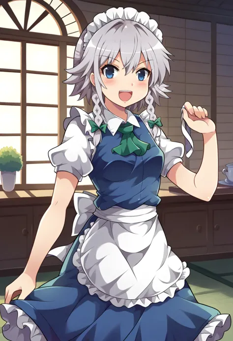 a woman in a maid outfit is standing in a kitchen