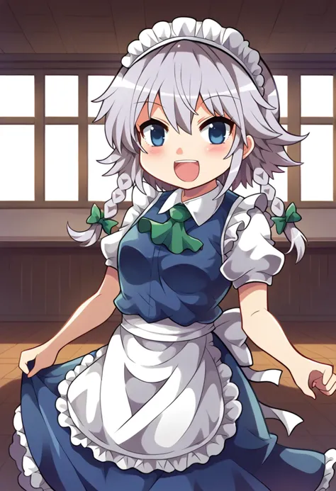 score_9, score_7_up, hd, (ultra hd quality details), indoors, day,
solo, 1girl, izayoi_sakuya, touhou, maid_headdress, twin_braids, hair_bow, white_apron, waist_apron, green_bow, blue_dress, puffy_short_sleeves, white_shirt, maid_apron, frilled_apron, small breasts,
looking at viewer, smile, open mouth, 
standing, chibi,
 <lora:_colonel_aki_style-elesico:1.1> <lora:Touhou_pony:0.4>