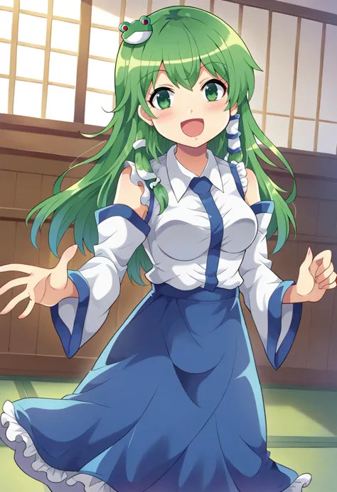 score_7_up, hd, (ultra hd quality details), indoors,
(masterpiece, best quality), fcDetailPortrait, solo, 1girl, kochiya sanae, green hair, long hair, green eyes, medium breasts,
frog hair ornament, hair tubes, snake hair ornament, collared shirt, white shirt, detached sleeves, wide sleeves, blue skirt, frilled skirt,
looking at viewer, smile, open mouth, 
standing,
<lora:sanaekochiyaPony_na0:0.9> <lora:_colonel_aki_style-elesico:1>