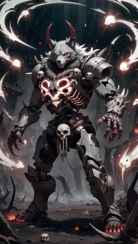 1 monster,  a metal wolf, (metal skin), metal. red eyes, armored, skull, metal body, fantasy robot, empty hands, arms raised (pe...