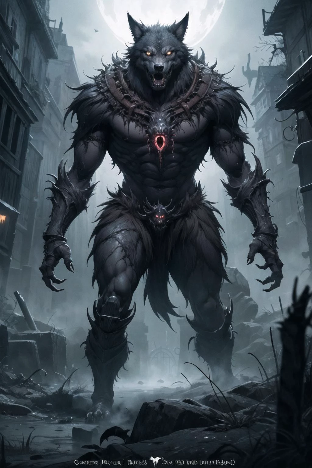1 monster,  a metal wolf, metal. red eyes, armored, skull, metal body, fantasy robot, empty hands, arms raised (perfect hands), masterpiece, best quality, highres werewolf, HorrorFantasy