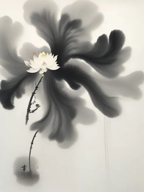 (Ink imagery, Chinese artistic conception, Chinese aesthetics, a lot of blank, ink rhyme, Chinese ink painting, ethereal spirit, minimalism),(Excellent work, highest quality. Award-winning work, exquisite composition. Artwork) ink lotus