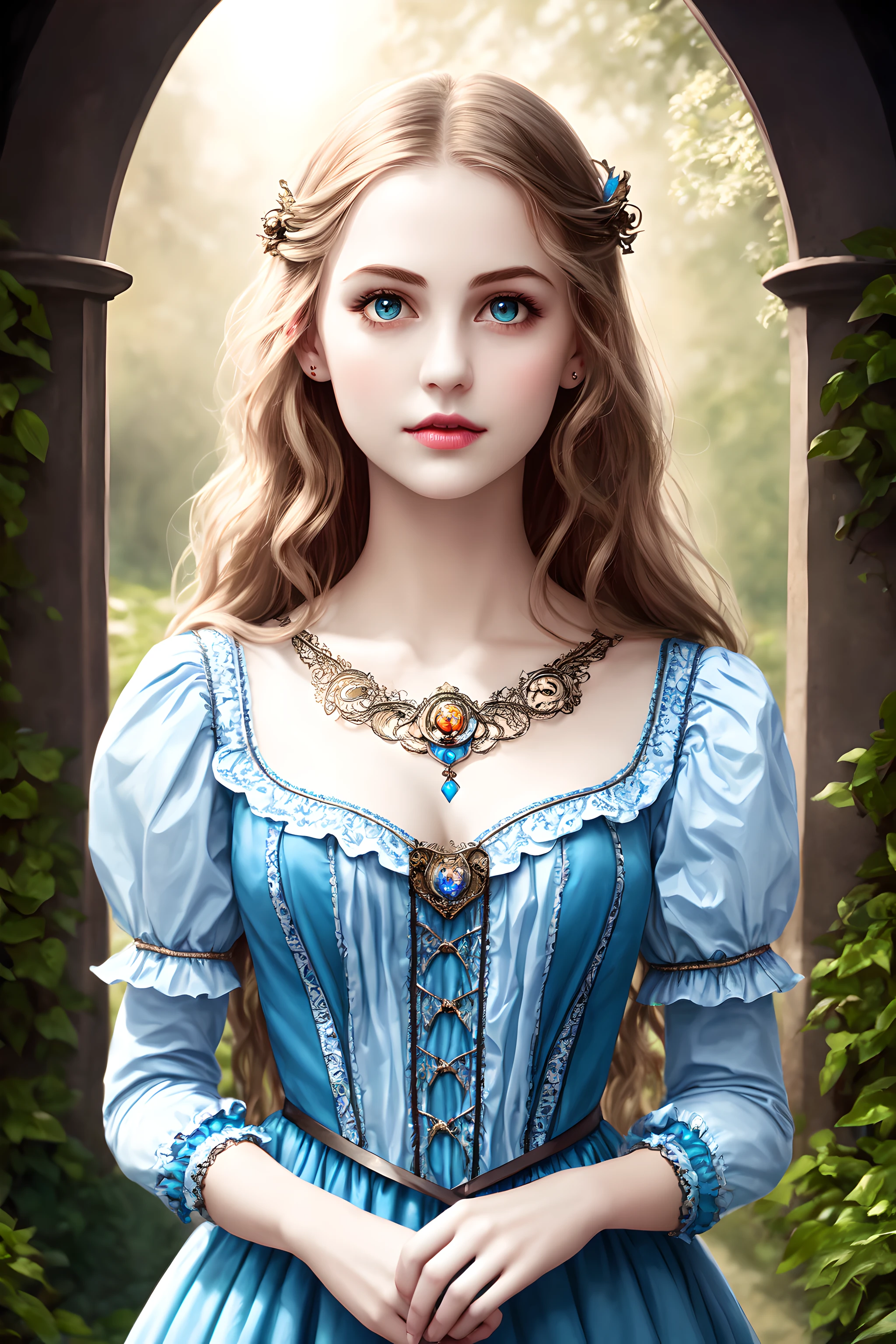 masterpiece, photo realistic, waist up photo of young alice in wonderland, slim, beautiful intricate oval face, detailed hair, natural eyes, small nose, mouth ajar, lips, natural breasts, intricate long dress, vibrant, photo realistic, realistic, dramatic, dark, sharp focus, 8k, intricate wonderland environment