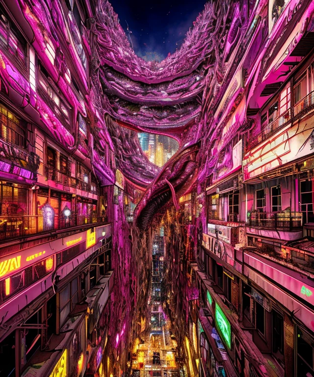 arte dos sonhos, um enorme mutante mutilado horripilante (((forma da vagina))) coisa em uma cidade, por (Carne Griffiths), plano amplo, iluminação cinematográfica, altamente detalhado, intricado