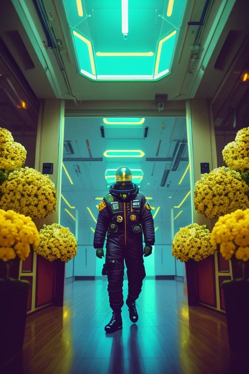 1970s indoor analog photo portrait of goofy man wearing a spacesuit, 70s aesthetics, poorly illuminated, bunch of flowers, warm lights, sci-fi, blade runner, alien, hanging cables, glowing lights, hi-tech, hyper realistic, masterpiece, extremely detailed, sharp focus, 8k, illustration, artstation, art by liam wong