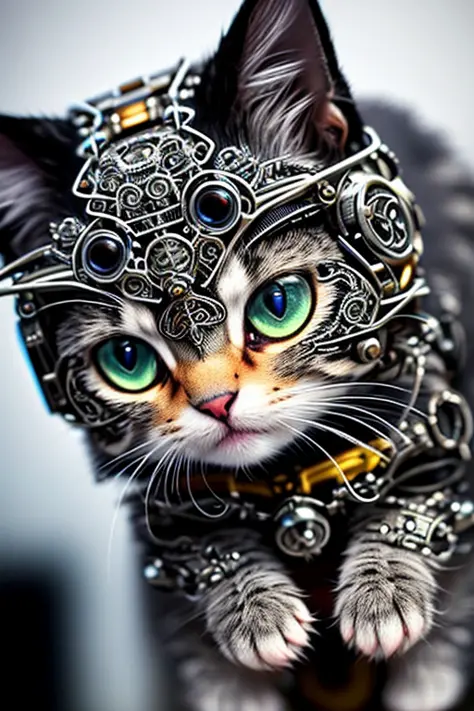 macro lens, a cute kitten made out of metal, cyborg, cyberpunk style, ((intricate details)), hdr, ((intricate details, hyperdetailed)), cinematic shot, vignette, PERFECT (((gorgeous FACE))), highly detailed, INTRICATE