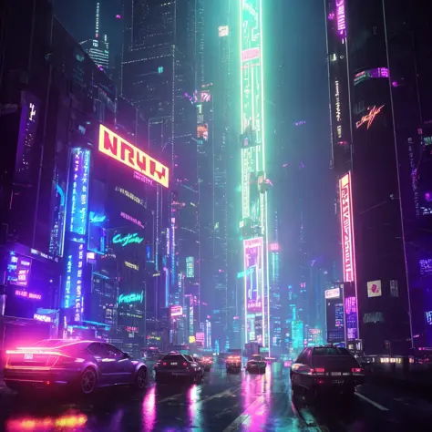 cyberpunk dark city, skyscrapers, neon lights, advertisment, night, hyper-realistic, photo, highly detailed, glass city, rainy, realism, moody cinematic,  8k, 3.5 mm, tokyo, futuristic, octane render, japanese, synthwave, cityscape, dramatic, wide angle, s...