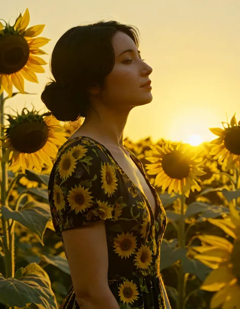 Amidst a sea of golden sunflowers, Naomi, a striking woman with raven-black hair cascading down her shoulders and closed mouth, stands alone, lost in thought, her form silhouetted against the setting sun, clad in a vintage floral dress. <lora:ihjnqi18fcbd684b3x2e9:1>