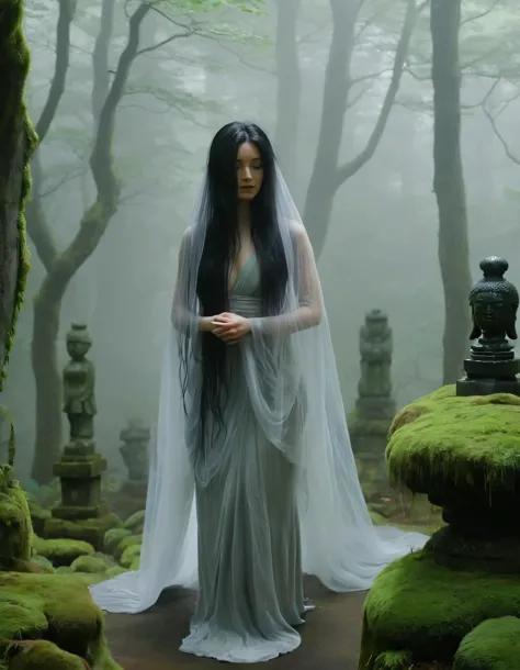 Naomi, the solitary woman with cascading black hair that reached her waist, stood alone amidst the foggy Japanese forest, her long, flowing locks creating an ethereal veil as she bowed gracefully towards a moss-covered stone statue. <lora:ihjnqi18fcbd684b3x2e9:1>