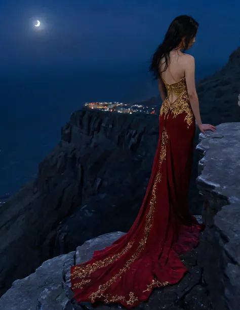 Naomi, a solitary figure with raven-black hair cascading down her back, stands alone on the precipice of a crumbling cliff, her dark eyes reflecting the moonlight as she surveys the breathtaking cityscape below with unwavering resolve, her crimson red evening gown with intricate gold embroidery billowing softly in the cool night breeze. <lora:ihjnqi18fcbd684b3x2e9:1>