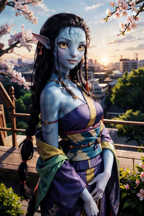 avatar woman, yellow eyes, colored skin, blue skin,long braided hair, black hair, purple attire, traditional kimono, wide sleeves, sash,looking at viewer, serious, smiling,standing, hands forward, upper body shot, outside, garden, cherry blossom, dusk, sunset, high quality, masterpiece,  <lora:AllOutNa'vi_V1:.6>