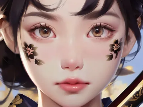 anime girl with black hair and flowers on her face holding a sword