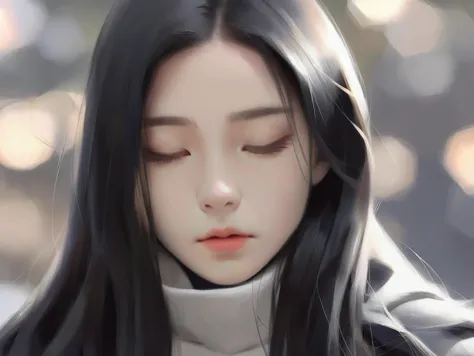 a close up of a woman with long black hair and a white turtle neck