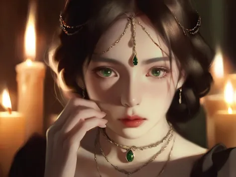 a close up of a woman with a necklace and a necklace with a green stone