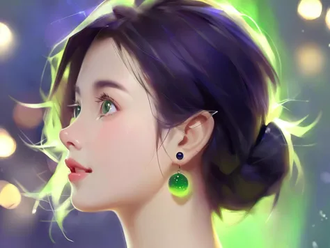 a close up of a woman with green earrings and a green dress