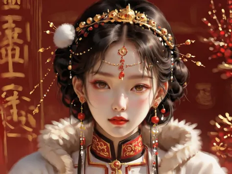 <lora:ThickCloseUP-000020:0.7>,masterpiece,best quality,thick painted style,close-up,female,Asian ethnicity,traditional Chinese headdress,elaborate hairpins,gold jewelry,faux fur collar,white fur,vintage hairstyle,red lipstick,natural makeup,clear complexion,historical costume,warm color tone,out-of-focus background,bokeh effect,cultural attire,cultural representation,headshot,brown eyes,youthful appearance,evening wear,festive attire,sophisticated,elegance,facial jewelry,dangling earrings,hair ornaments,hairstyle with bun,embroidered headdress,close-up,ceremonial dress,golden headpiece,charm hair accessory,elegant makeup,poised expression,indoor lighting,golden highlights,Asian traditional dress,hair accessory with red accents,frontal view,