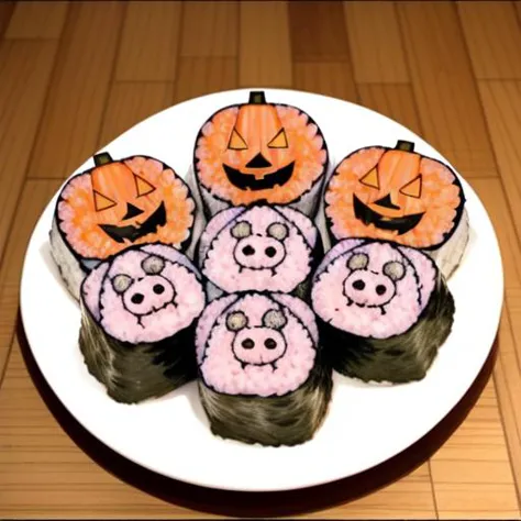 a close up of a plate of sushi with a pumpkin and a pig