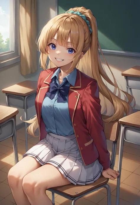 anime girl sitting in a classroom with a desk and a window