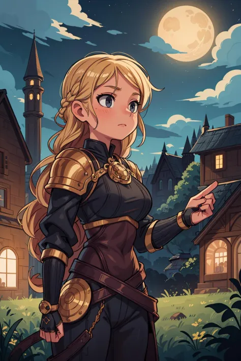 ((最好的质量, 杰作)), 
1女孩, 黑色和金色的盔甲, 金色辫子头发, 月光 , ((满月):0.5),  户外的, 背景为云,幻想, 中世纪, 背景上的城堡
