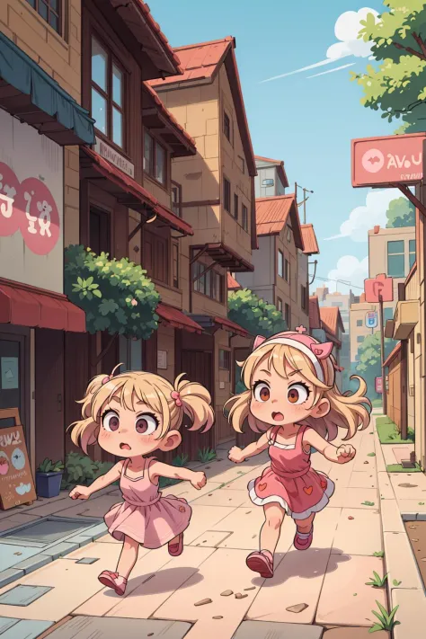 ((Meilleure qualité, chef-d&#39;œuvre)), 
Spectaculaire, 2 filles , en cours d&#39;exécution, fille blonde et fille aux cheveux bruns,rose (((kawaii))) robe d&#39;été, rue, foule, 
