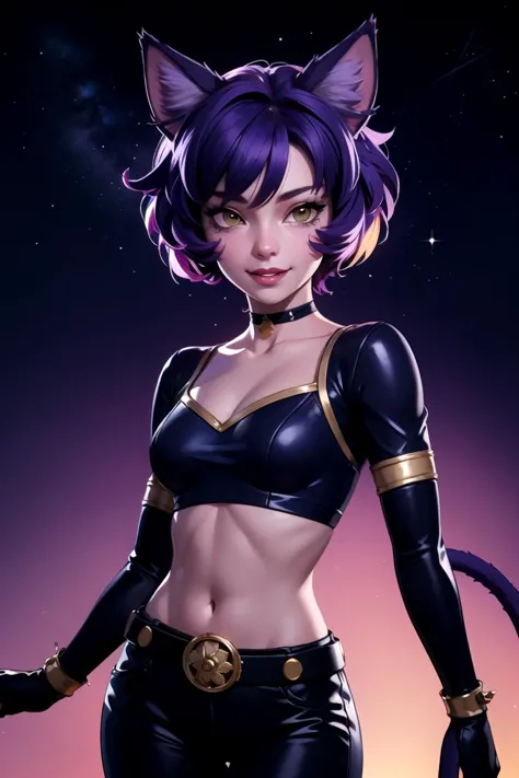 (hyperealistic detailed face:1.2), (looking at viewer:1.2), (frontal view), centered, cowboy shot, award winning frontal photography, masterpiece, horns, 
<lora:Hop_DB:0.7>, Hop_DB, purple skin, wide hips, smiling, gold belt, cat ears,  pants, 
sunset, bokeh, depth of field, 
starry sky, vaporwave color scheme, (saturated colors:1.2),