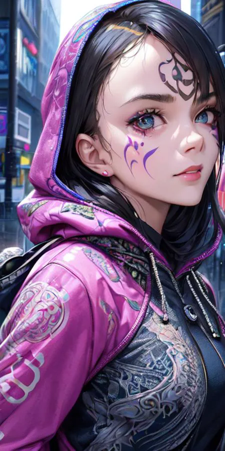 (photorealistic:1.3), masterpiece, best quality, (intricate details:1.2), (scenery:1.3), solo, face focus, (close up), ultra high res, right anatomy, detailed skin, beautiful face, 
1 girl, girl in patterned hoodie, detailed anime eyes, (look at veiwer:1.2), face tattoo, 
rainy city street, cyberpunk, 
(ink splash), chaos, light flow, 
(HyperStylizeV6:0.2),