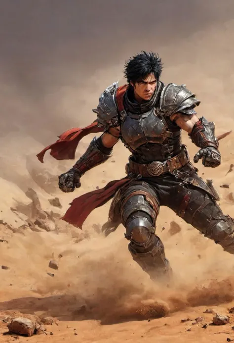 Side view, piercing generic body with fist,, Illustration by David Macaulay, Profoundly red grey dystopian desert, sand dust, rocks, Stains, space grunge style, black Hair, Kenshiro from fist of the north star wearing used blackish Mad Max Styled leather armor, fist gauntlets, rips out the head and spine of opponent,  blood, gore, bones, fists up, 
restricted view, bodies in the background, action scene, Sci-fi vibe, dirty, noisy, Vintage, very detailed, hd, vibrant colors