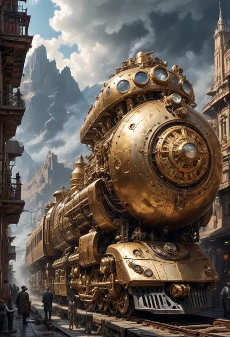 Massive steampunk train, intricate mechanical details, metallic surfaces, white , golden and bronze hues, powerful and imposing presence, industrial design, aerodynamic structure, futuristic and vintage fusion, expansive cityscape in the background, towering mountains under a partly cloudy sky, high contrast lighting, dramatic shadows