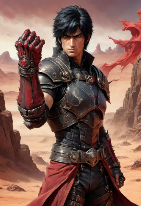 a man in armor holding a red flag in a desert