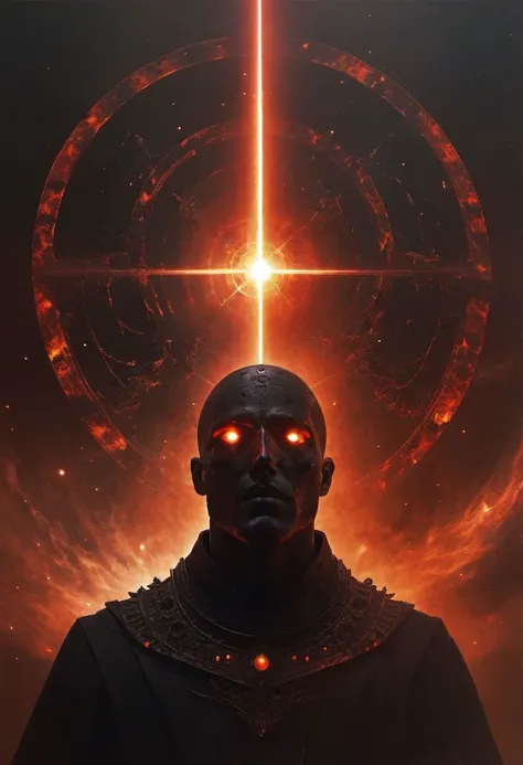 a man with a glowing star in his eyes stands in front of a fiery background